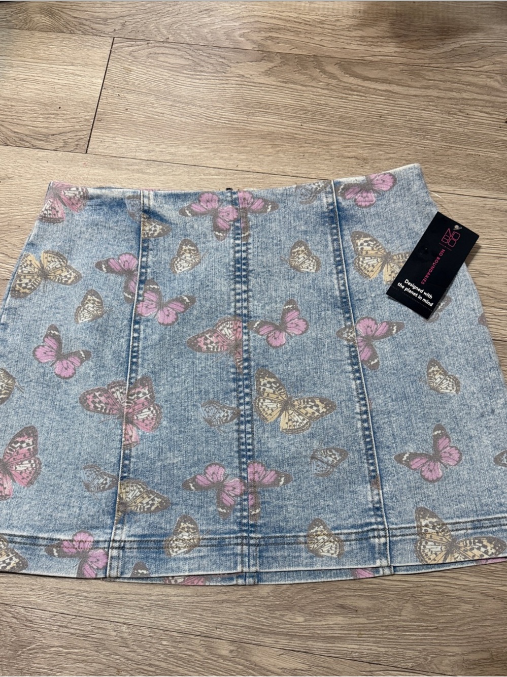 NOBO Light Blue Denim Mini Skirt with Pink & Brown Butterfly Motifs